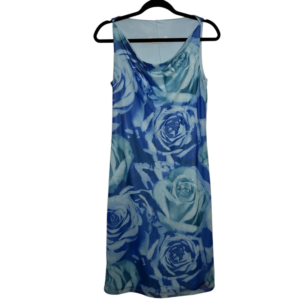 Accomplice Blue Rose Floral Mesh Cowl Neck Midi Dress Sleeveless 5419 Womens M